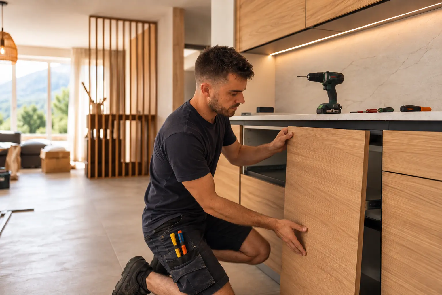 Artisan Nestwood posant une façade de meuble dans une cuisine